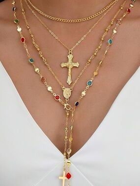 Anthropologie Gold Multi-Layer Cross Necklace with Jewel-Tone Beads